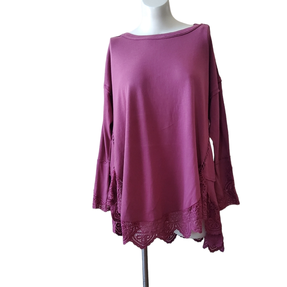 Free People Embroidered Lace Oversized Tunic Long Sleeve Knit Top Size M